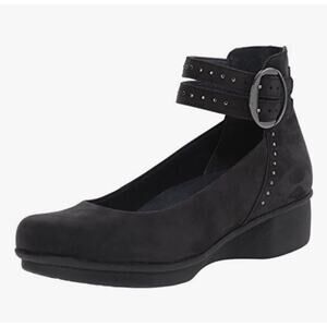 Dansko Lois Nubuck Ankle Strap Black Suede Leather Women Low Wedge Sz 40 US 9.5